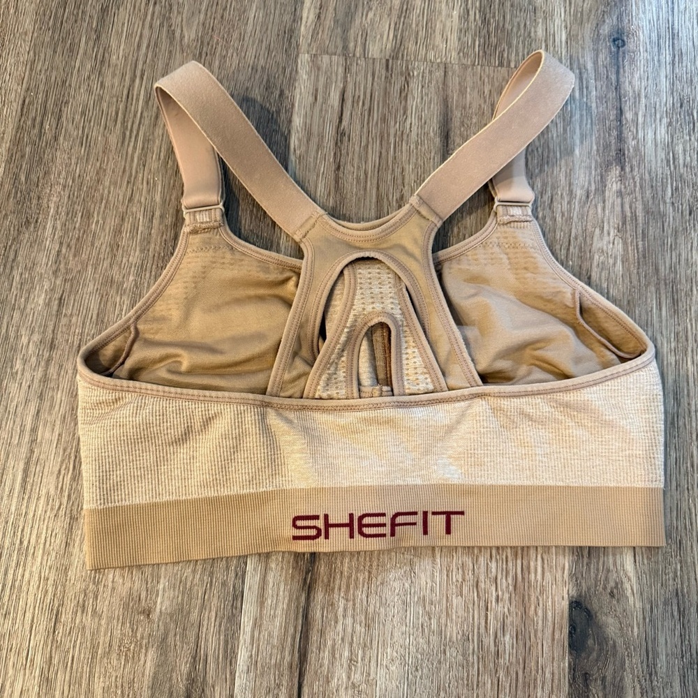 SHEFIT Lounge Bra Luxe Beige Front Zip Sports Bra Wireless Comfort Active - Picture 3 of 8